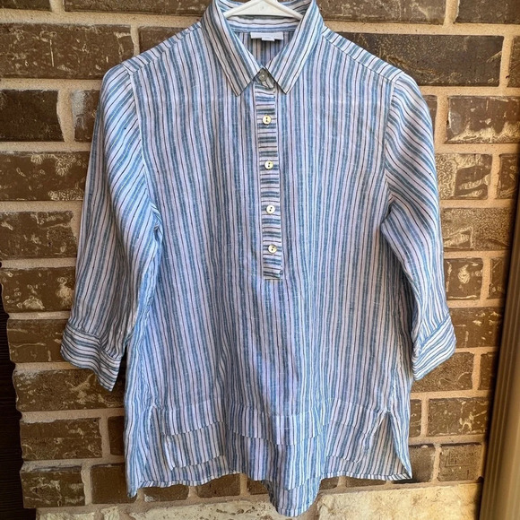 J. Jill Tops - J. Jill Love Linen Womens Popover Tunic Top White Blue Striped Collar XS